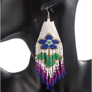 Long 6" Handmade Beaded Blue Purple Flower Oversized Earrings Beads Handcrafted